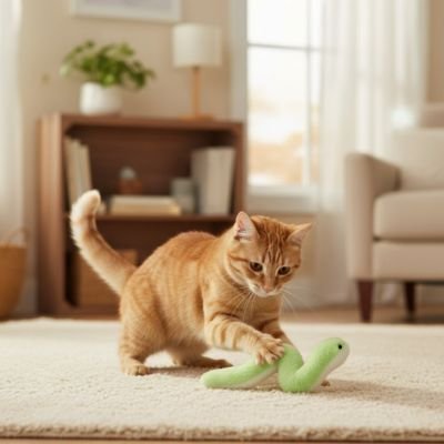 jouet chat roux attrape serpent vert