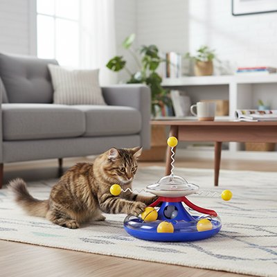 Chat tigré jouant avec un jouet interactif pour chat à balles