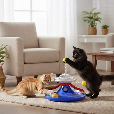 Deux chats jouant avec un jouet interactif bleu à balles