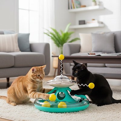 Deux chats jouant avec un jouet interactif pour chat