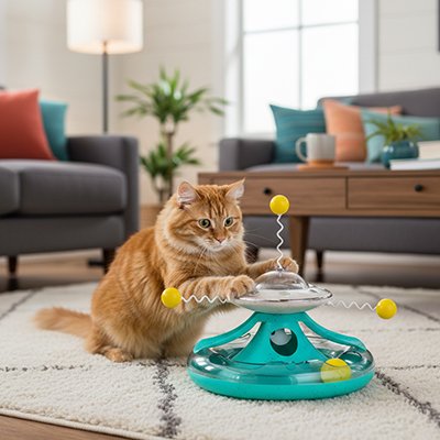 Chat jouant avec un jouet interactif turquoise à balles