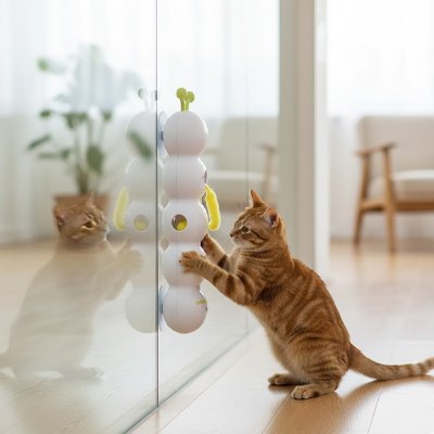 Chat jouant avec le jouet interactif mural FélinStimul fixé sur une vitre
