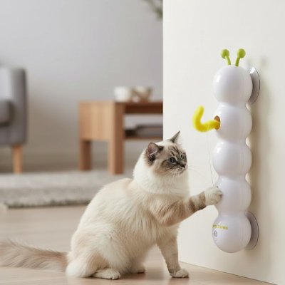 Chat jouant avec le jouet interactif mural FélinStimul fixé sur un mur clair
