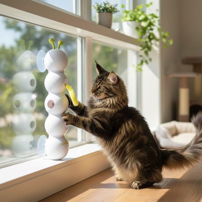 Chat jouant avec le jouet interactif mural FélinStimul fixé sur une fenêtre
