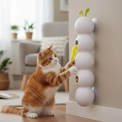 Chat jouant avec le jouet interactif mural FélinStimul fixé sur un mur intérieur
