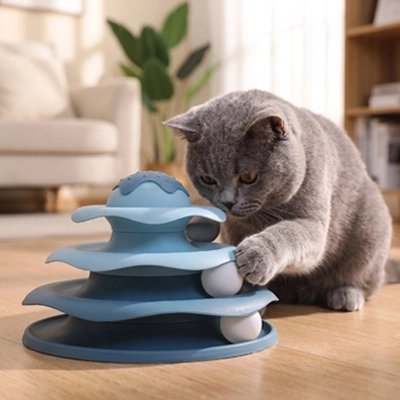 Chat gris jouant avec une tour spirale interactive bleue à balles