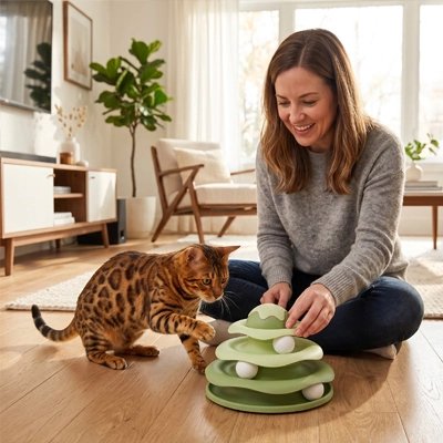 Femme jouant avec son chat et une tour spirale interactive verte