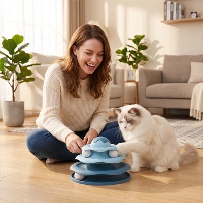 Femme jouant avec son chat et une tour spirale interactive bleue