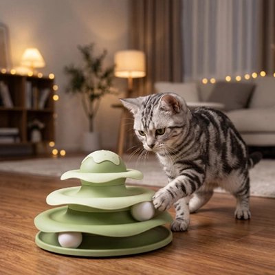 Chat tigré jouant avec une tour spirale interactive verte à balles