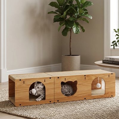 maison griffoir chat tunnel en bois avec ouvertures