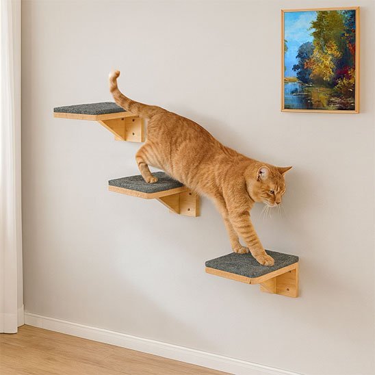 Marches murales pour chat en bois avec surface antidérapante, utilisées par un chat pour grimper le long d’un mur
