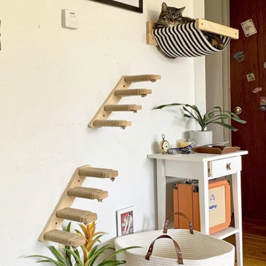 Mur d’escalade pour chat avec plateformes en bois, marches griffoir et hamac mural suspendu
