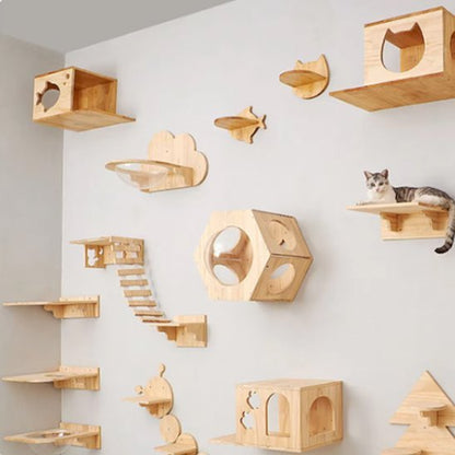 Mur d’escalade modulaire pour chat en bois avec plateformes, maisons murales et parcours suspendu
