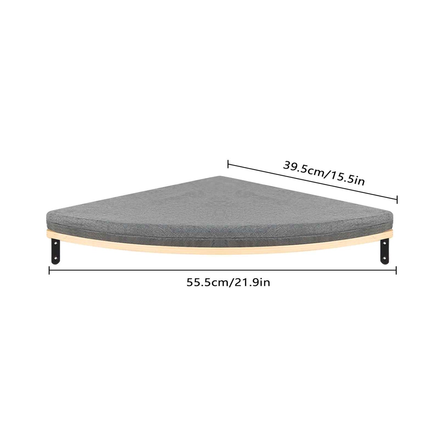 Plateforme murale d’angle pour chat en bois avec surface antidérapante et dimensions indiquées pour la fixation
