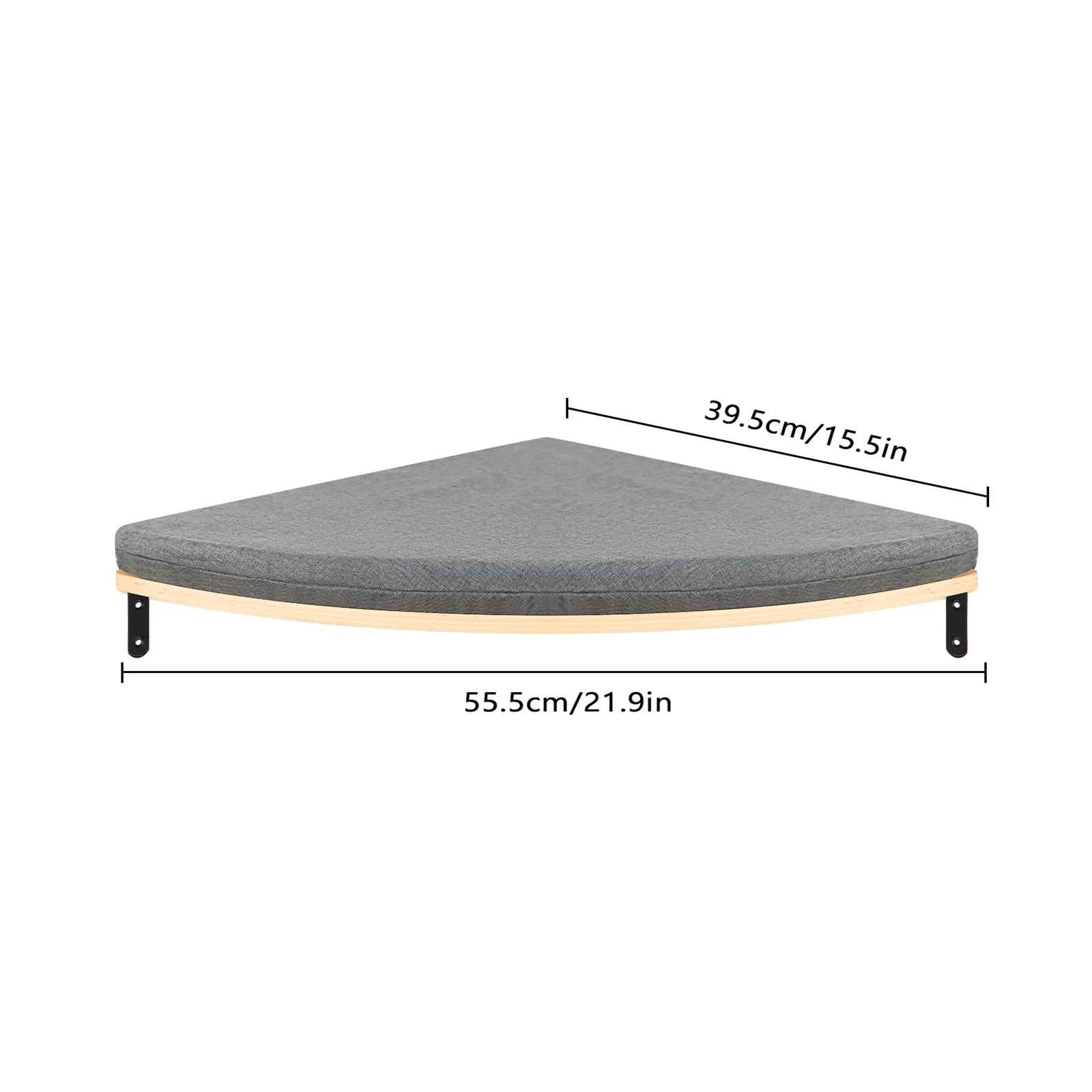 Plateforme murale d’angle pour chat en bois avec surface antidérapante et dimensions indiquées pour la fixation
