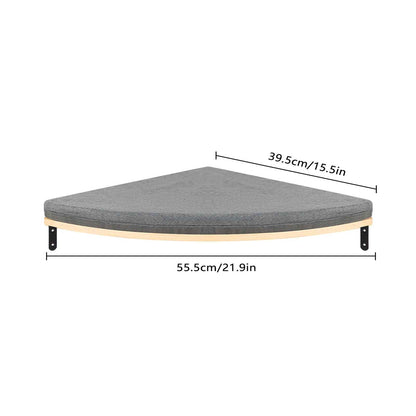 Plateforme murale d’angle pour chat en bois avec surface antidérapante et dimensions indiquées pour la fixation
