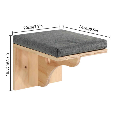 Plateforme murale carrée pour chat en bois avec surface antidérapante et dimensions indiquées pour la fixation
