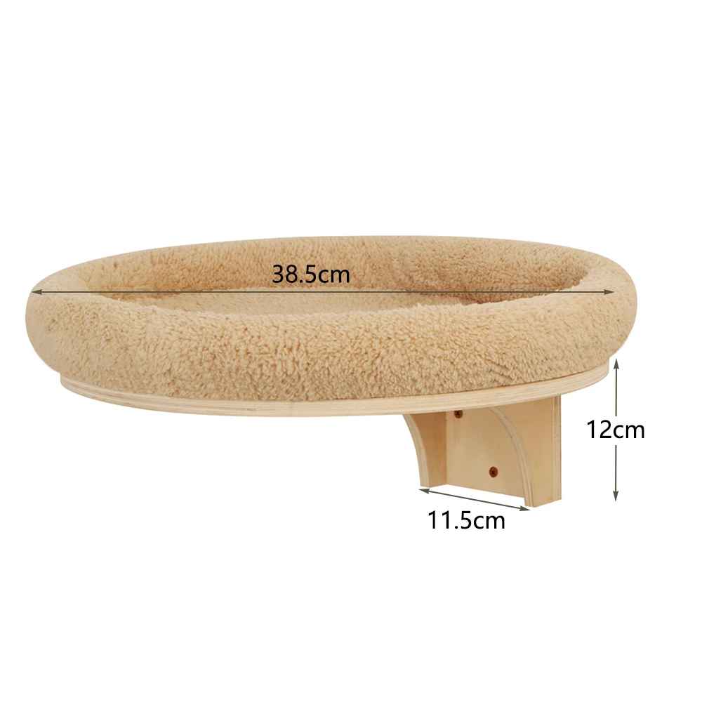 Plateforme murale ronde large pour chat en bois avec coussin moelleux et dimensions indiquées pour la fixation
