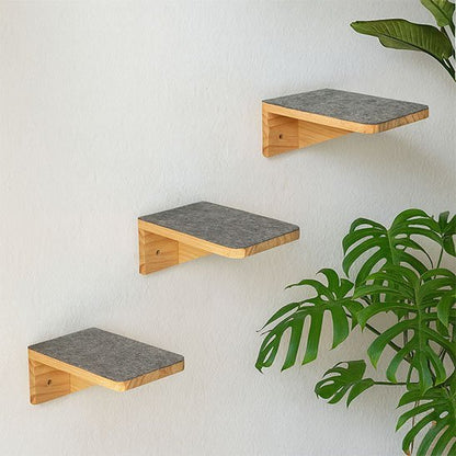 Trois plateformes murales pour chat en bois avec surface antidérapante fixées sur un mur clair
