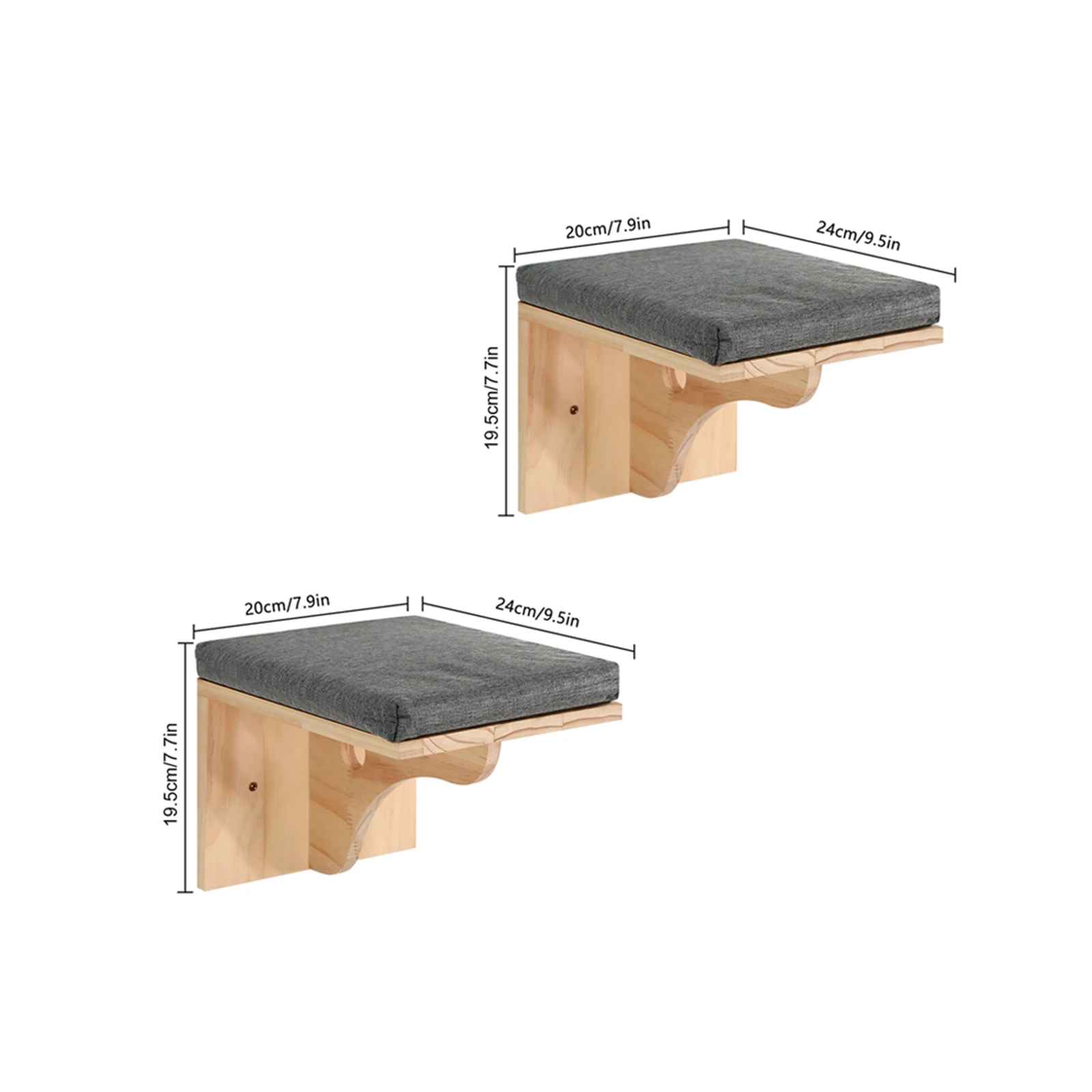 Deux plateformes murales carrées pour chat en bois avec surface antidérapante et dimensions indiquées pour l’installation

