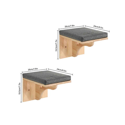 Deux plateformes murales carrées pour chat en bois avec surface antidérapante et dimensions indiquées pour l’installation
