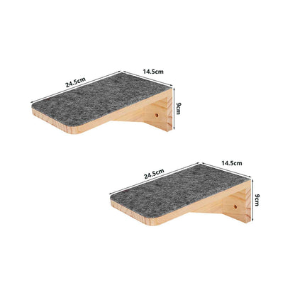 Deux plateformes murales rectangulaires pour chat en bois avec surface antidérapante et dimensions indiquées pour la fixation
