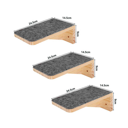 Trois plateformes murales rectangulaires pour chat en bois avec surface antidérapante et dimensions indiquées pour la fixation
