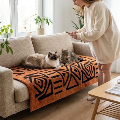 Protection canapé chat anti-griffures orange avec deux chats allongés sur un canapé