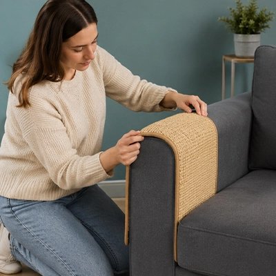 Installation d'une protection en sisal sur l'accoudoir d'un canapé