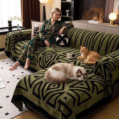 Protection canapé chat lavable verte dans un salon avec plusieurs chats