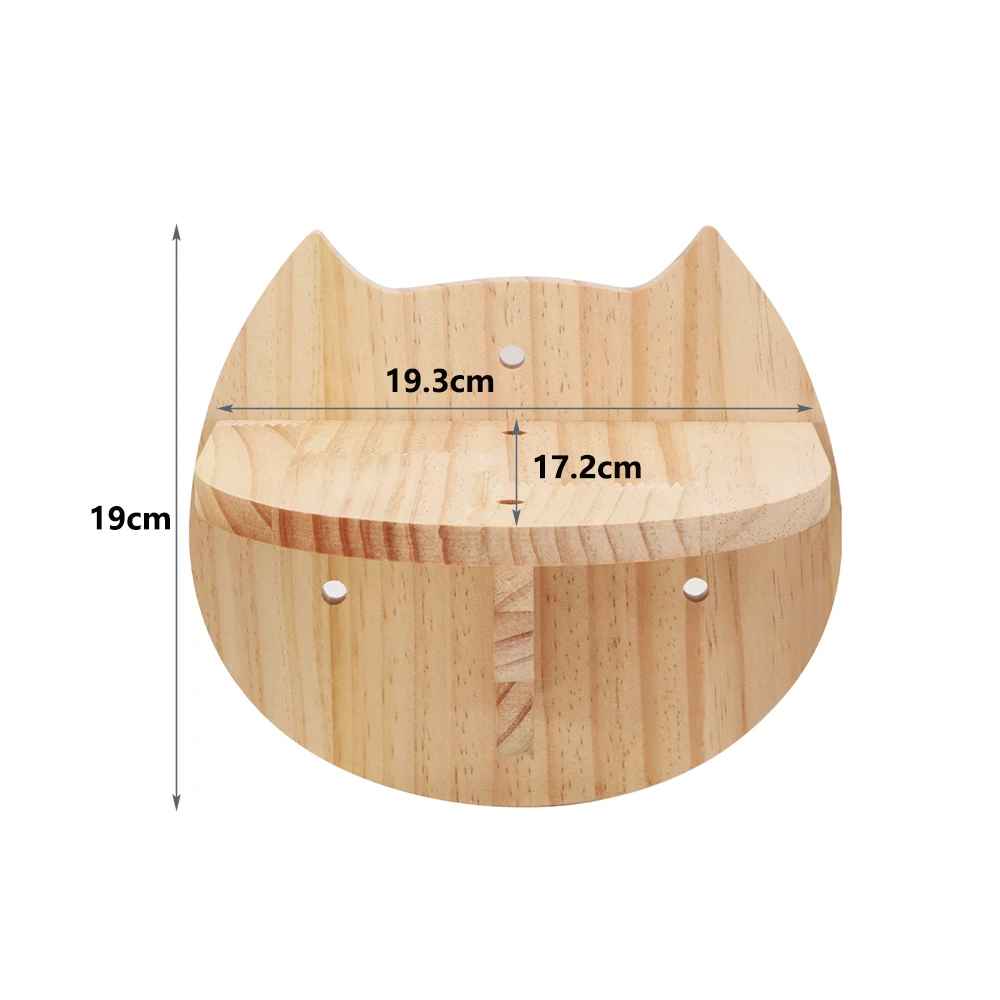 Support mural pour chat en bois en forme de tete avec largeur et hauteur indiquees en centimetres
