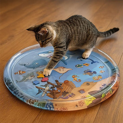 chat jouant sur tapis aquatique rond rempli d eau avec poissons dessinés jouet interactif pour chat
