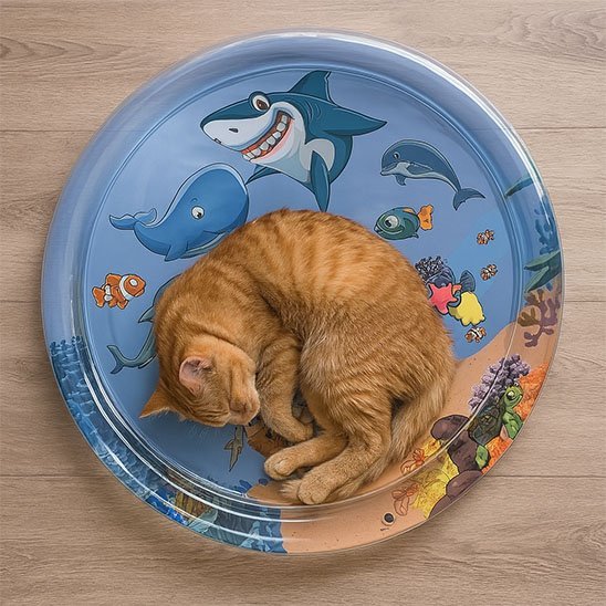 chat couché sur tapis aquatique rond avec illustrations marines jouet interactif pour chat
