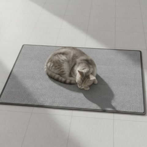 Chat gris recroquevillé sur un tapis griffoir rectangulaire posé sur un sol clair
