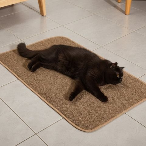 Chat noir allongé sur un tapis griffoir marron posé sur un sol carrelé dans une pièce
