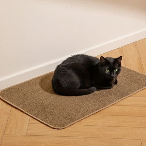 Chat noir assis sur un tapis griffoir marron posé sur un parquet clair près d un mur
