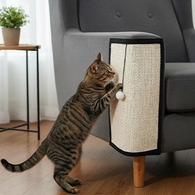 Chat tigré debout qui griffe un tapis griffoir fixé sur le côté d un fauteuil gris dans un salon
