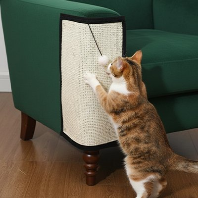 chat griffant tapis griffoir sur accoudoir de canapé pour protéger les meubles
