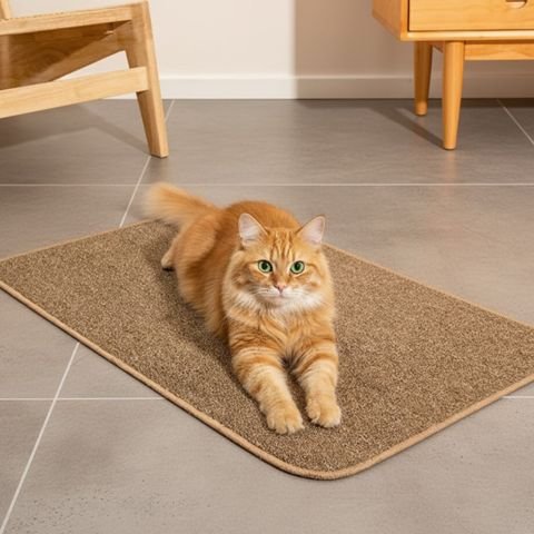 Chat roux couché sur un tapis griffoir rectangulaire posé sur un sol carrelé
