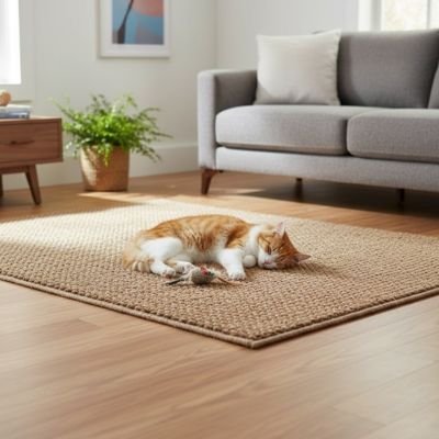 Chat roux dormant sur un tapis griffoir beige posé devant un canapé dans un salon lumineux
