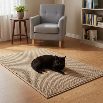 Chat noir couché sur un tapis griffoir rectangulaire posé sur un sol en bois dans un salon lumineux
