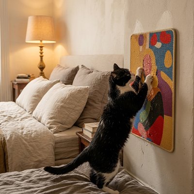 chat noir utilisant un tapis griffoir mural en sisal fixé au mur près d’un lit