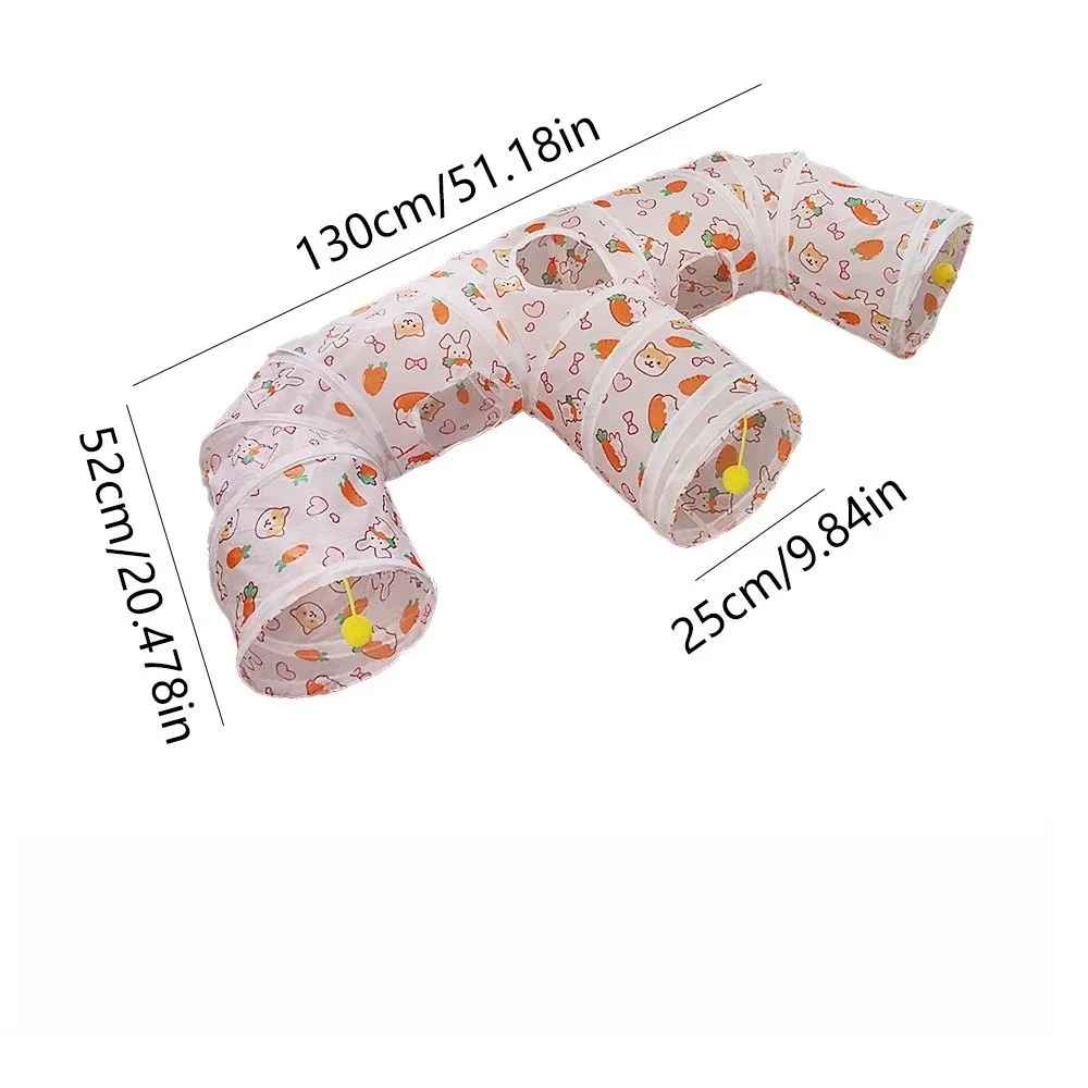 Tunnel beige à motifs pour chat avec dimensions indiquées
