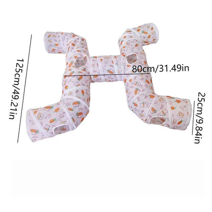 Tunnel beige à motifs pour chat en forme de H avec dimensions indiquées
