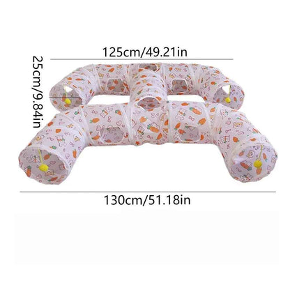 Tunnel beige à motifs pour chat avec dimensions indiquées
