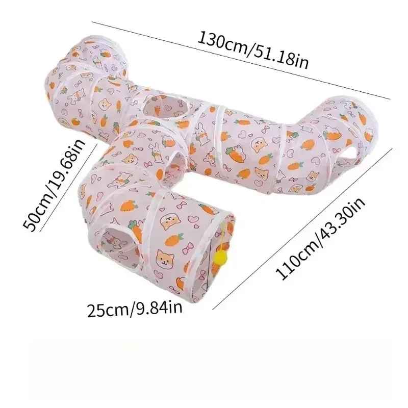 Tunnel beige à motifs pour chat en forme de T avec dimensions indiquées

