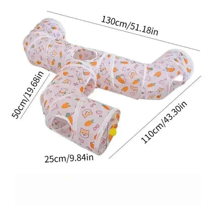 Tunnel beige à motifs pour chat en forme de T avec dimensions indiquées
