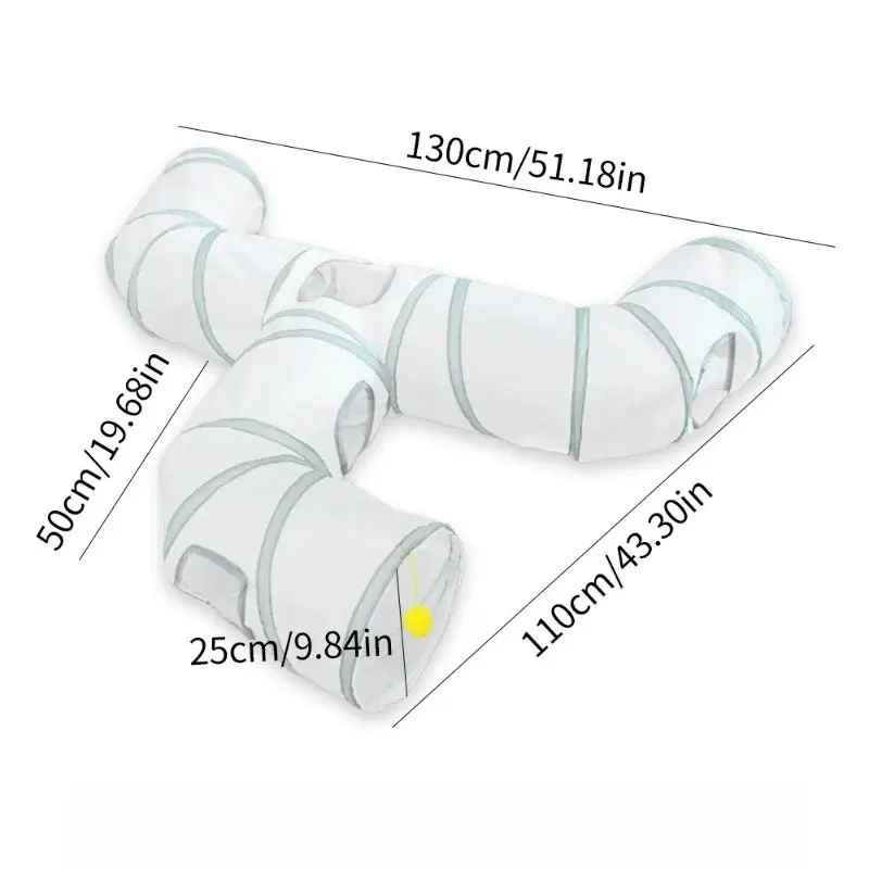 Tunnel blanc pour chat en forme de T avec dimensions indiquées

