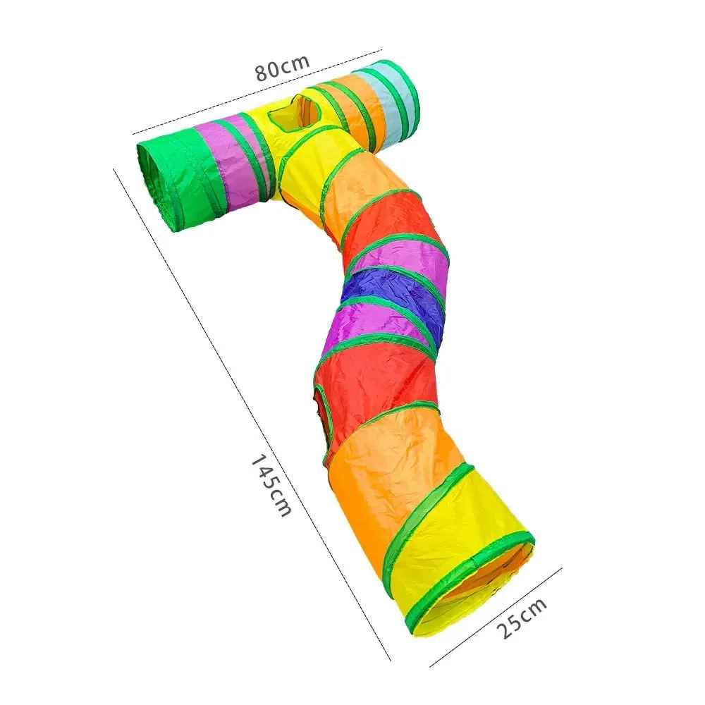 Tunnel multicolore pour chat avec mesures indiquées en cm
