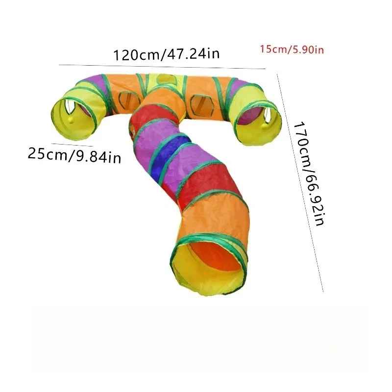 Tunnel multicolore pour chat en forme de T avec dimensions indiquées
